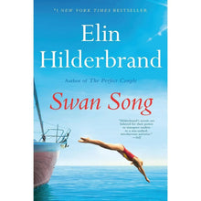 Paperback novel cover with red title Swan Song and swimmer over ocean blue background