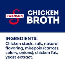 Chicken broth ingredients panel listing chicken stock, salt, and mirepoix