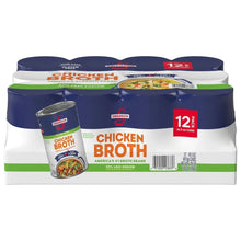 Swanson chicken broth 12-pack carton with front label and can graphic
