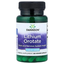 Swanson Lithium Orotate 5 mg supplement bottle, black cap, green veggie capsules