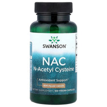 Swanson NAC N-Acetyl Cysteine dietary supplement bottle, dark green capsules inside