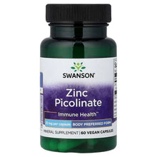 Swanson Zinc Picolinate supplement bottle, dark green with black cap and front label