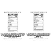 Nutrition facts panels for dark and white peppermint pretzels (15 pcs each)
