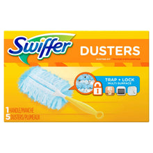 Cleaning duster kit box with blue refill dusters and yellow handle, trap+lock design