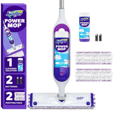 Mop kit with handle, solution bottle, and two purple-and-white mopping pads