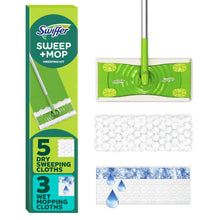 Swiffer sweep-and-mop kit with green handle, mop head, dry and wet cloth refills