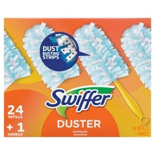 Dusting duster kit box showing blue fluffy refill pads and yellow handle
