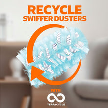 Dusting duster pad with blue fluffy fibers and recycle symbol