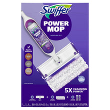 Swiffer Power Mop mopping kit package with mop handle and white microfiber head