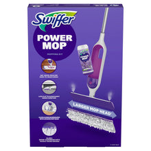 Swiffer Power Mop mopping kit box showing mop handle and larger microfiber head