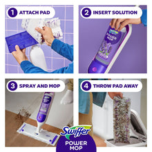 Swiffer PowerMop mopping kit pad and lavender solution bottle attached to mop