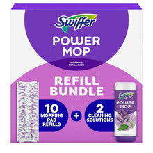 Swiffer PowerMop refill bundle box with 10 mop pads and 2 cleaning solution bottles