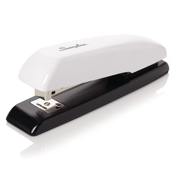 Swingline manual desk stapler with white top and black base, metal front plate