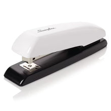 Swingline manual desk stapler with white top and black base, metal front plate