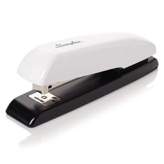 Swingline manual desk stapler with white top and black base, metal front plate
