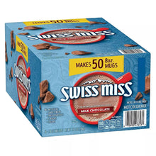 Swiss Miss milk chocolate hot cocoa mix box, side panel makes 50 8 oz mugs