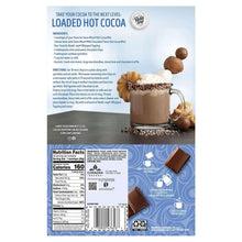 Back panel of hot cocoa mix box with nutrition facts, ingredients, and directions