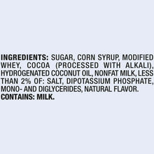 Hot cocoa mix ingredients panel with a list including sugar, corn syrup, and milk