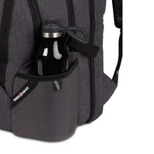 Dark gray laptop backpack front pocket with mesh water bottle holder and zipper