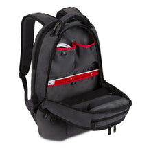 Dark gray laptop backpack with open front compartment and red horizontal trim
