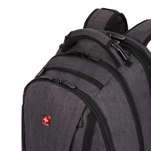 Dark gray laptop backpack with curved front zipper pocket and red Swiss cross patch