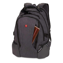 Dark gray laptop backpack with red Swiss cross logo, zippered front and top handle