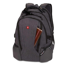 Dark gray laptop backpack with red Swiss cross emblem and padded top handle