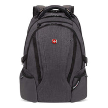 Dark gray laptop backpack with red Swiss cross on front, padded base and shoulder straps