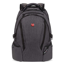 Dark gray laptop backpack front view with red Swiss cross emblem and dual zippers