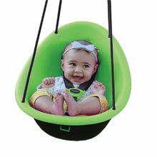 Green baby swing seat with infant seated and 3-point harness
