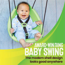 Green toddler swing seat with baby wearing harness straps