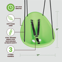Green swing seat with hanging straps and 3-point harness
