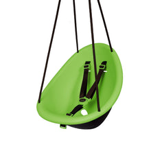 Green toddler swing seat with foam-lined shell and 3-point harness straps