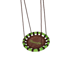 Striped green-and-black tree swing saucer with brown padded seat and 3 hanging ropes