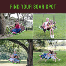 Green-and-black saucer tree swing shown in multiple views with children seated