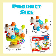 Puppy suction cup baby toy on green base with orange, blue, and green teething parts