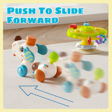 Suction cup puppy baby toy that slides forward with rattling wheels and teether beads