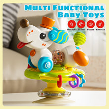 Suction cup puppy teething toy with green base, blue wheel, and dangling beads