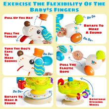 Multi-action puppy baby toy with rotating parts, elastic rope, and teething pieces