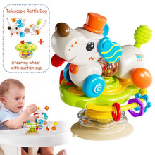 Suction cup puppy baby rattle toy with spinning wheels and colorful teething beads