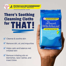 Witch hazel cleansing cloths pouch held in hand, blue front label