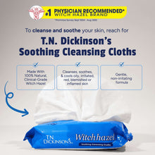 Witch hazel cleansing cloths with white wipes exposed, blue pouch on table