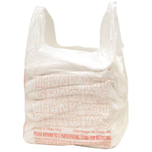 White t-shirt carry-out bag with red THANK YOU GRACIAS and recycling prompt