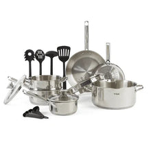 Stainless steel cookware set with pots, pan, lids, and included kitchen utensils