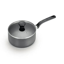 Grey nonstick saucepan with metal lid and black handle knob