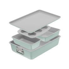 Mint green ceramic nonstick bakeware set with stackable pans and baking sheet