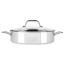 Stainless steel pot with glass lid and side handles, smooth exterior