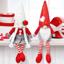 Valentine gnome plush pair with red and white cone hats, striped legs, and gray tunics
