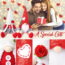 Valentine tomte plush pair with embroidered heart patch, striped legs, and rose detail