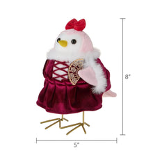 Plush fabric bird tabletop decoration, burgundy dress and red bow, 5 x 8 in.